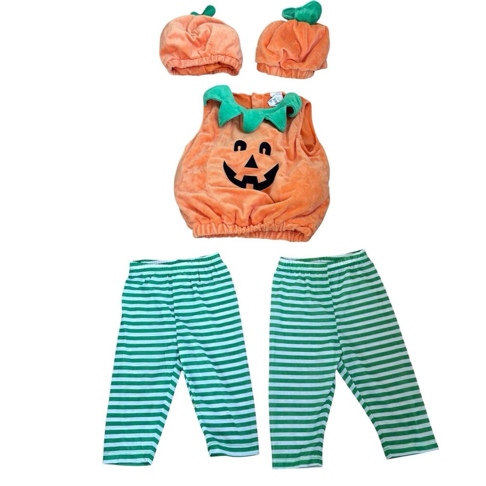 12M Baby Pumpkin Halloween Costume Lot 5pc Set 2 Pants 2 Hats Plush Vest Pumpkin